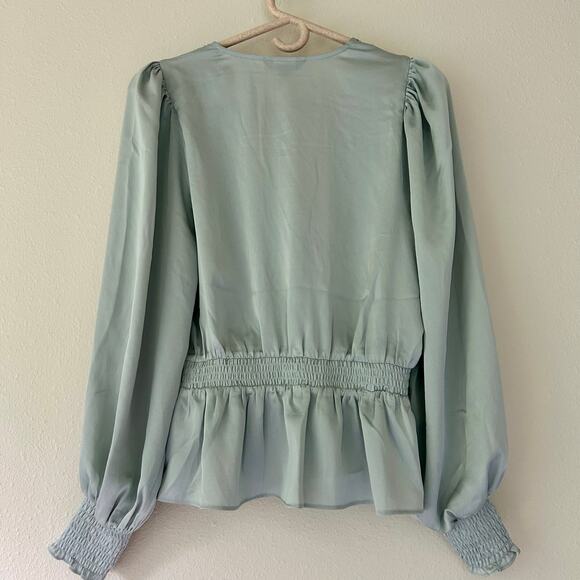 Express wrap peplum long puff sleeve silky satin top V neck feminine romantic M - Picture 8 of 13